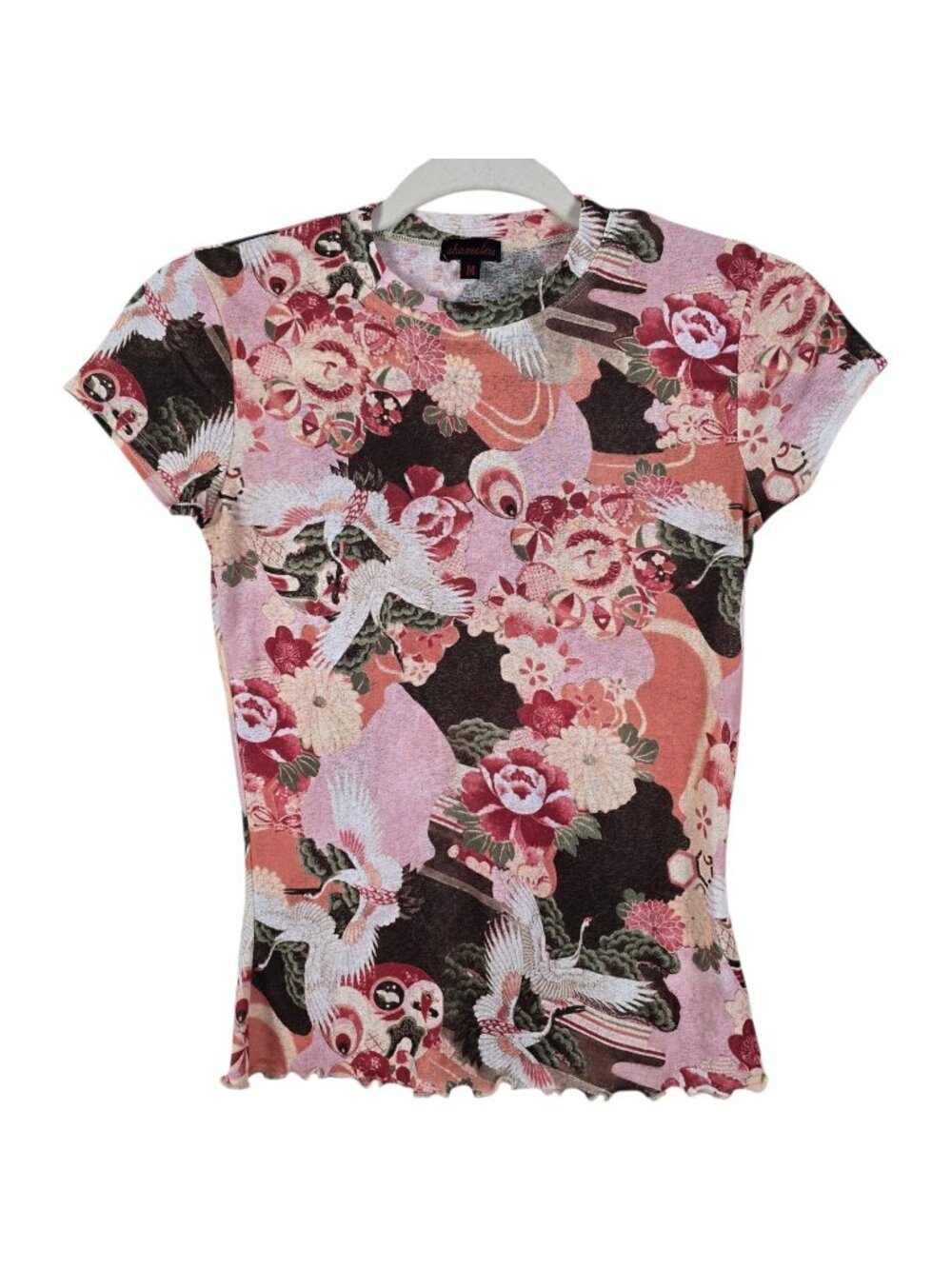 Y2K Shameless Womens Japanese Crane Floral Burnout Fairycore Baby Tee Medium